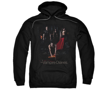 Black pullover hoodie with The Vampire Diaries Fire graphic