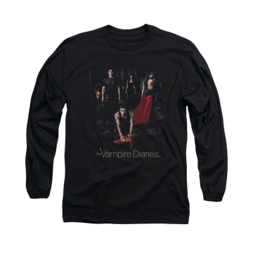 Black men's long sleeve t-shirt with The Vampire Diaries Fire graphic