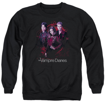Black men's crewneck sweatshirt with The Vampire Diaries Company Of Three graphic