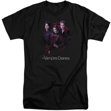 Black men's tall fit t-shirt with The Vampire Diaries Company Of Three graphic