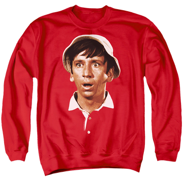 Red men's crewneck sweatshirt with Gilligan's Island Gilligans Head graphic