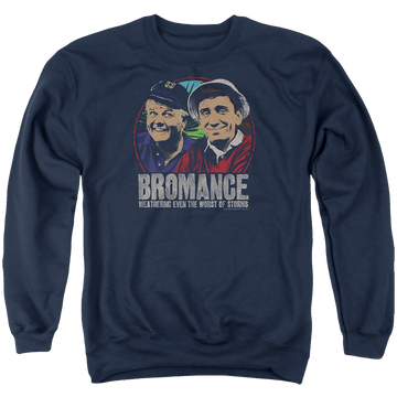 Navy men's crewneck sweatshirt with Gilligan's Island Stormy Bromance graphic