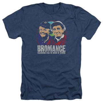Navy men's heather t-shirt with Gilligan's Island Stormy Bromance graphic