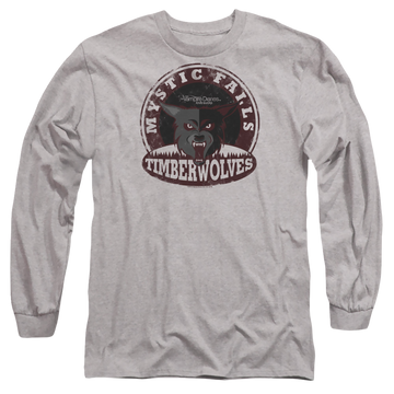Athletic heather men's long sleeve t-shirt with The Vampire Diaries Timberwolves graphic