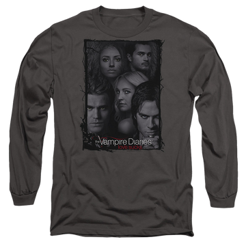 Charcoal men's long sleeve t-shirt with The Vampire Diaries So Here We Are graphic