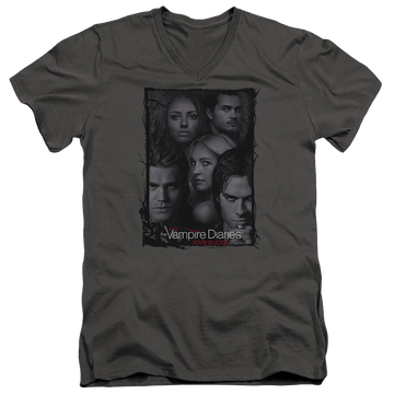 Charcoal men's v-neck t-shirt with The Vampire Diaries So Here We Are graphic