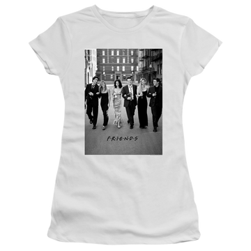 White juniors t-shirt with Friends Walk The Streets graphic