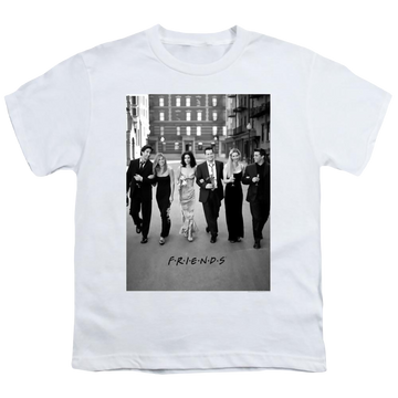 White youth t-shirt for ages 8 to 12 with Friends Walk The Streets graphic