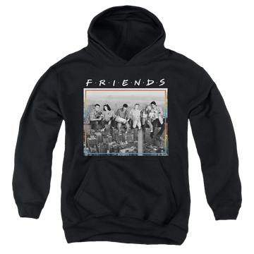 Black youth hoodie for ages 8 to 12 with Friends Lunch Break graphic