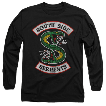 Black men's long sleeve t-shirt with Riverdale South Side Serpent graphic