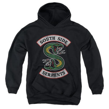 Black youth hoodie for ages 8 to 12 with Riverdale South Side Serpent graphic