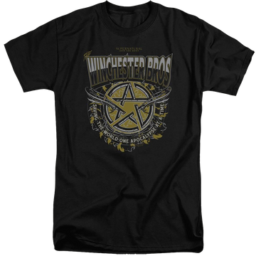 Black men's tall fit t-shirt with Supernatural Winchester Bros graphic