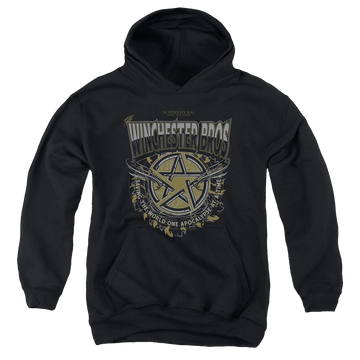 Black youth hoodie for ages 8 to 12 with Supernatural Winchester Bros graphic