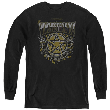 Black youth long sleeve t-shirt with Supernatural Winchester Bros graphic