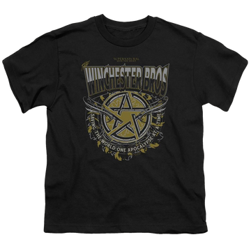 Black youth t-shirt for ages 8 to 12 with Supernatural Winchester Bros graphic