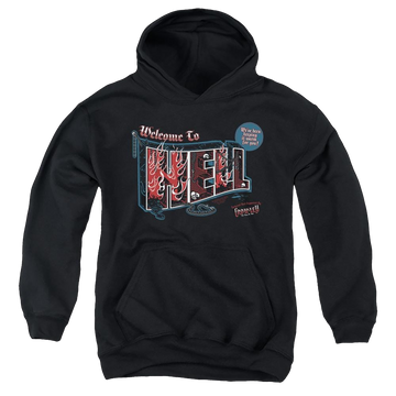 Black youth hoodie for ages 8 to 12 with Supernatural Welcome graphic