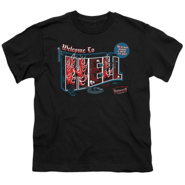 Black youth t-shirt for ages 8 to 12 with Supernatural Welcome graphic