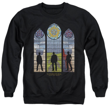Black men's crewneck sweatshirt with Supernatural Stained Glass graphic