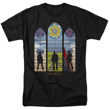 Black men's regular fit t-shirt with Supernatural Stained Glass graphic