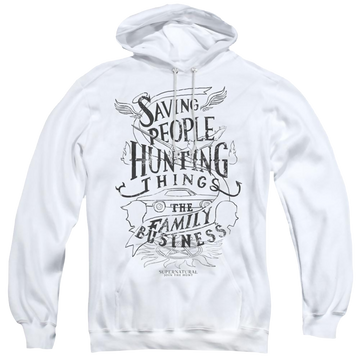 White pullover hoodie with Supernatural Family Business graphic