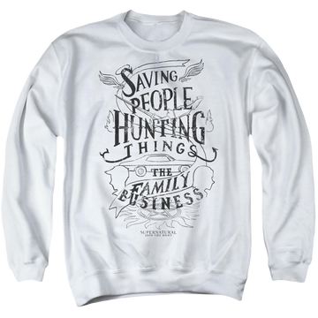 White men's crewneck sweatshirt with Supernatural Family Business graphic