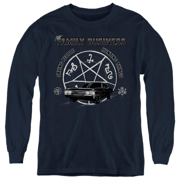 Navy youth long sleeve t-shirt with Supernatural Saving People And Hunting graphic