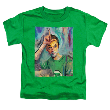 Kelly green toddler t-shirt with Big Bang Theory Sheldon Painting graphic