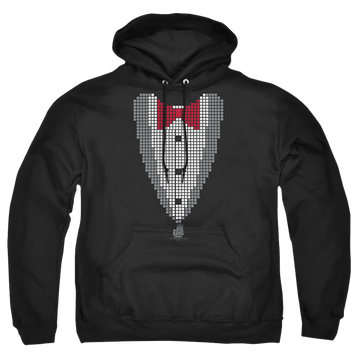 Black pullover hoodie with Big Bang Theory Pixelated Tux graphic