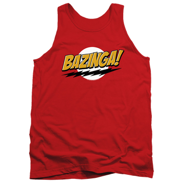 Red men's tank with Big Bang Theory Bazinga graphic