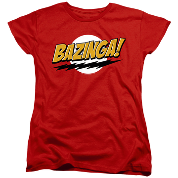Red women's t-shirt with Big Bang Theory Bazinga graphic
