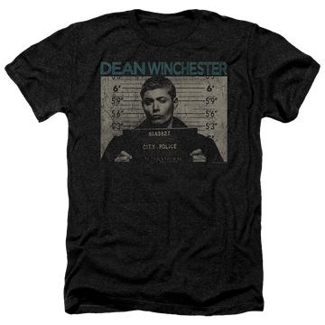 Charcoal men's heather t-shirt with Supernatural Dean Mug Shot graphic