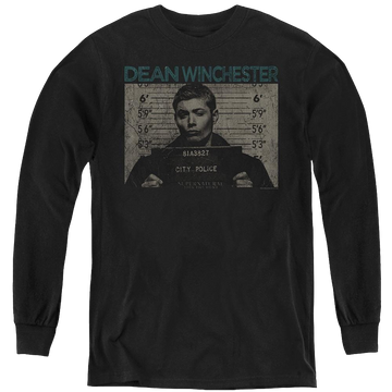 Black youth long sleeve t-shirt with Supernatural Dean Mug Shot graphic