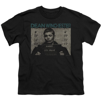 Black youth t-shirt for ages 8 to 12 with Supernatural Dean Mug Shot graphic