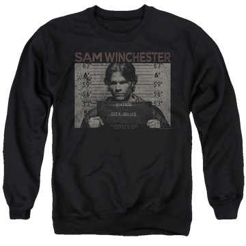 Black men's crewneck sweatshirt with Supernatural Sam Mug Shot graphic