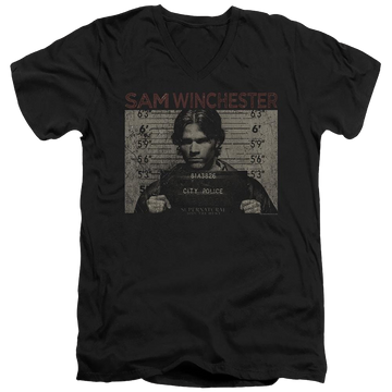 Black men's v-neck t-shirt with Supernatural Sam Mug Shot graphic