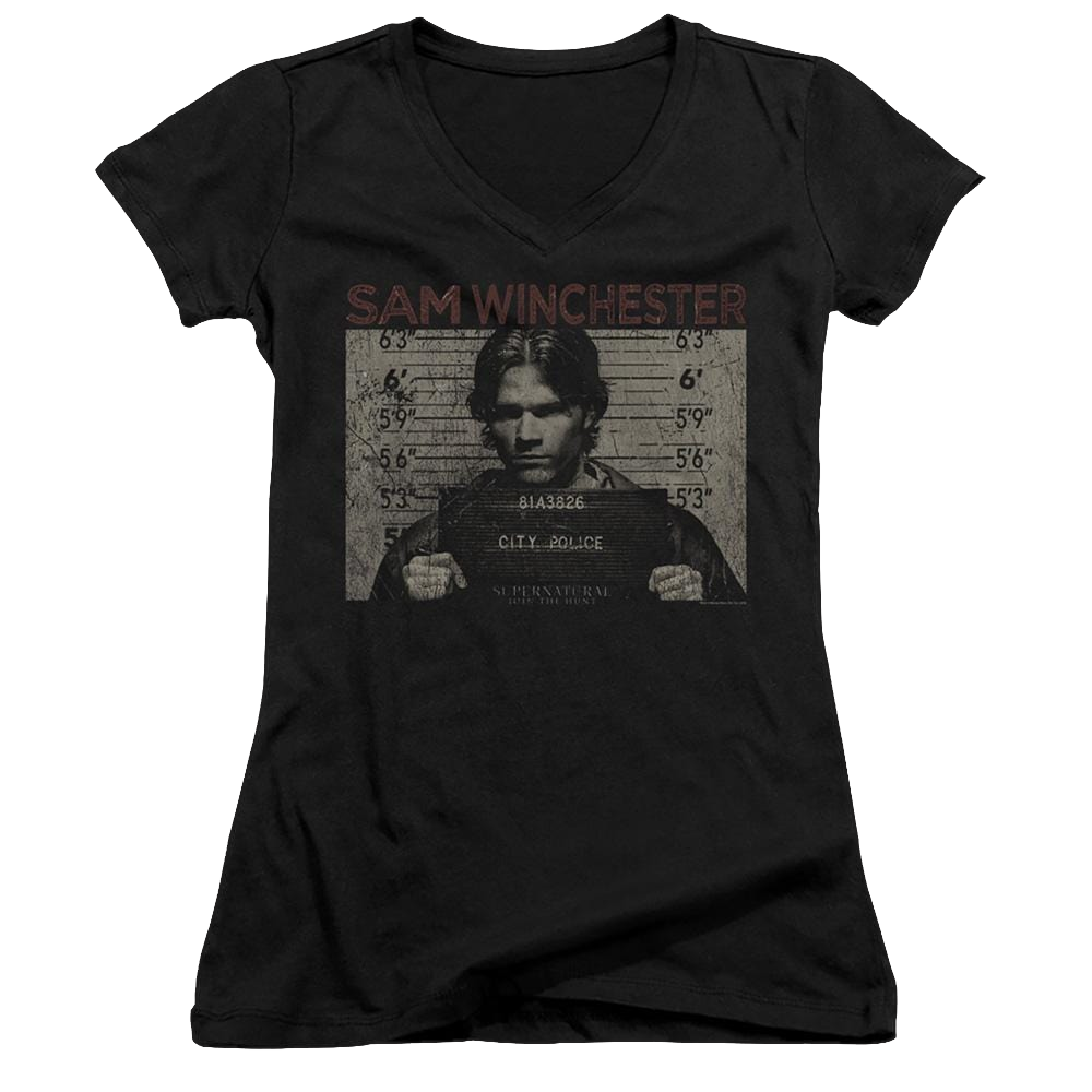 Supernatural Sam Mug Shot - Juniors V-Neck T-Shirt Juniors V-Neck T-Shirt Supernatural