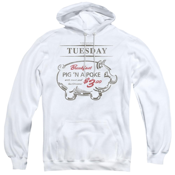 White pullover hoodie with Supernatural Pig N Poke graphic