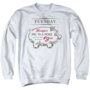 White men's crewneck sweatshirt with Supernatural Pig N Poke graphic