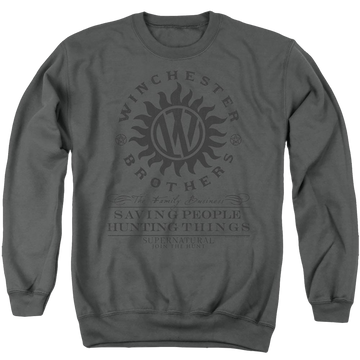 Charcoal men's crewneck sweatshirt with Supernatural Winchester Anti Possession graphic