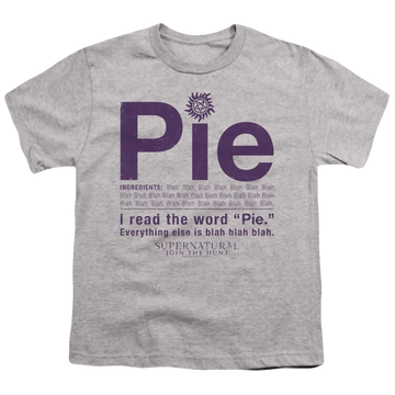 Athletic heather youth t-shirt for ages 8 to 12 with Supernatural Pie graphic