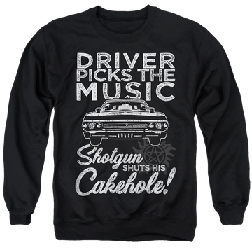 Black men's crewneck sweatshirt with Supernatural Driver Picks Music graphic