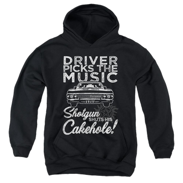 Black youth hoodie for ages 8 to 12 with Supernatural Driver Picks Music graphic