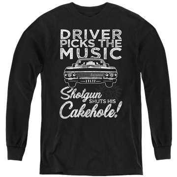Black youth long sleeve t-shirt with Supernatural Driver Picks Music graphic