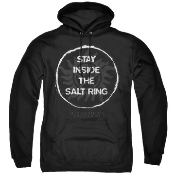 Black pullover hoodie with Supernatural Stay Inside The Salt Ring graphic