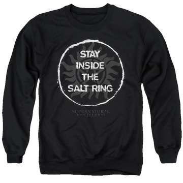 Black men's crewneck sweatshirt with Supernatural Stay Inside The Salt Ring graphic