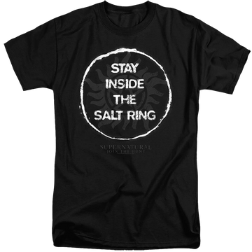 Black men's tall fit t-shirt with Supernatural Stay Inside The Salt Ring graphic
