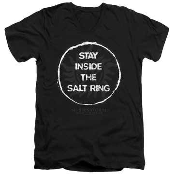 Black men's v-neck t-shirt with Supernatural Stay Inside The Salt Ring graphic
