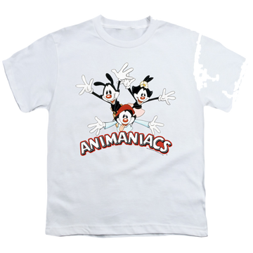 White youth t-shirt for ages 8 to 12 with Animaniacs Trio graphic