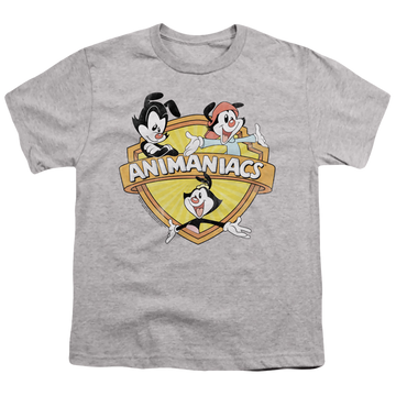 Athletic heather youth t-shirt for ages 8 to 12 with Shielded Animaniacs graphic