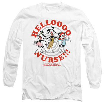 White men's long sleeve t-shirt with Animaniacs Hello Nurse graphic